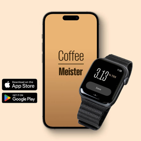 A smartphone and smartwatch on a light brown background displaying the 'Coffee Meister' app, with the phone screen showing the app name and the watch indicating a TDS reading of 3.13 %TDS. Icons for the Apple App Store and Google Play are placed on the left, highlighting the app's availability for both platforms, catering to the needs ofbaristas and coffee lovers.